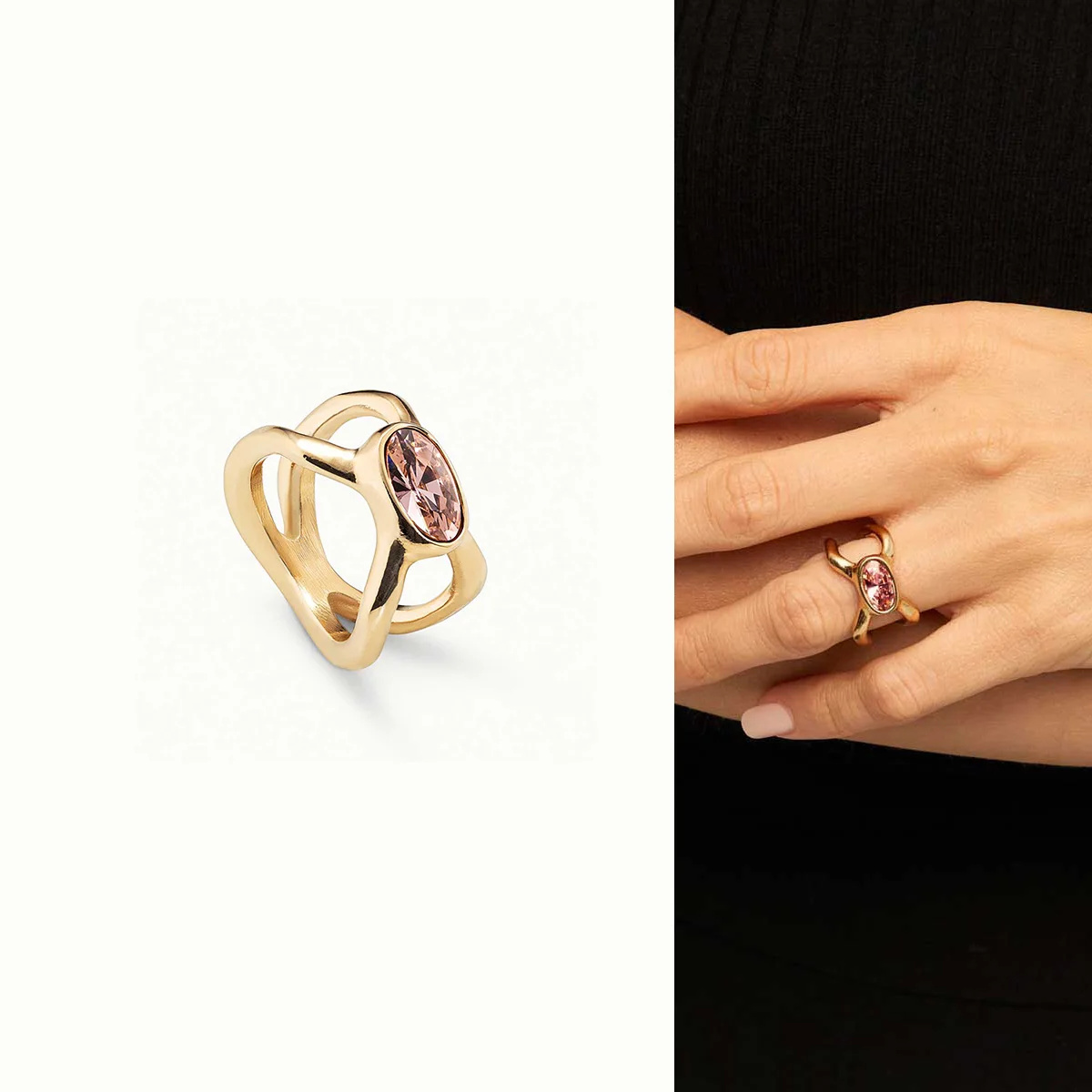 2024 Spain Hot UNO DE 50 Jewelry Fashion Light Luxury Silver Oval Geometric Pink Crystal Ring, Women Romantic Jewelry Gift