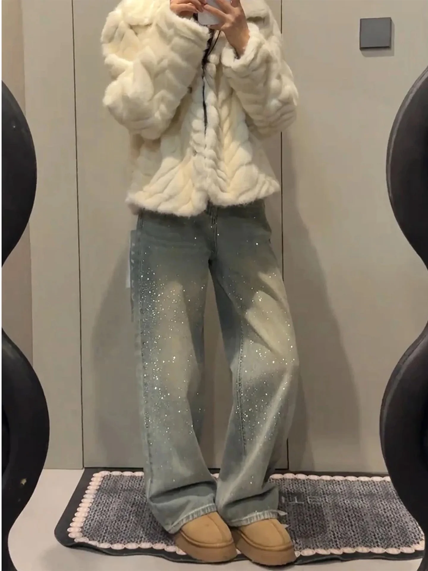 

Большие размеры iny Diamond Embellied, облегающие джинсы, женские широкие брюки, повседневные джинсовые брюки с высокой талией, зима 2025, новинка Sle для похудения