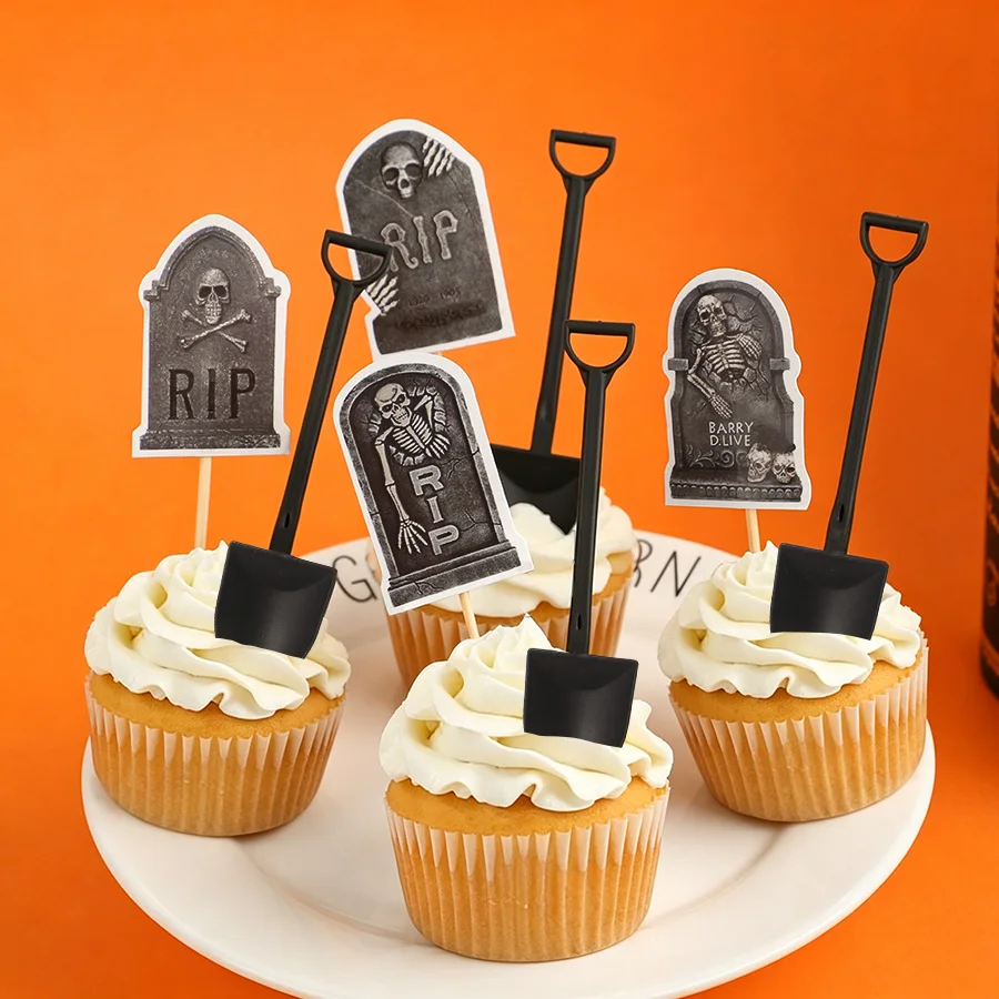 16/32 Stück Halloween Horror Cupcake Topper Grabstein Skelett Kuchen-Dessert-Deko Halloween Geburtstag Party Dekorationszubehör – Detail 4