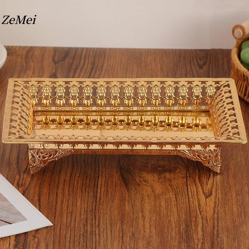 European Style Plated Openwork Square Shape Fruit Plate,Golden Alloy Disc Home Cheese Food Tray,Snack Disc Table Decoration