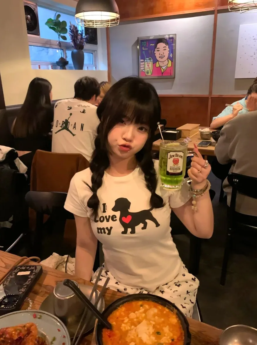 Camiseta A-Fz American Sle ort Sve para mujer, novedad de verano, Top de algodón con estampado de perrito dulce y picante ceñido con cintura