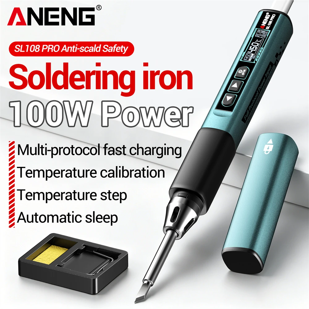 ANENG 100W Digital Electric Soldering Iron Type‑C Rechargeable SL108 PRO Adjustable Temperature T12 Soldering Tips Repair Tools