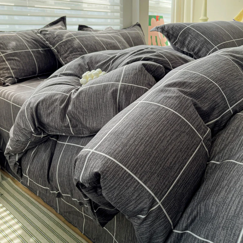 2026 New Washed Cotton Aloe Vera Cotton Single Duvet Cover Skin-friendly Breathable Printed Plaid Quilt Cover Without Pillowcase