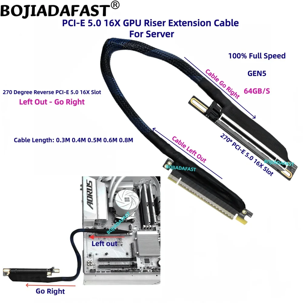 270 Degree PCI-E 5.0 16X to X16 Server Graphics Card GPU Riser Extension Cable GEN5 50CM 60CM 80CM for A100 H100 RTX5090