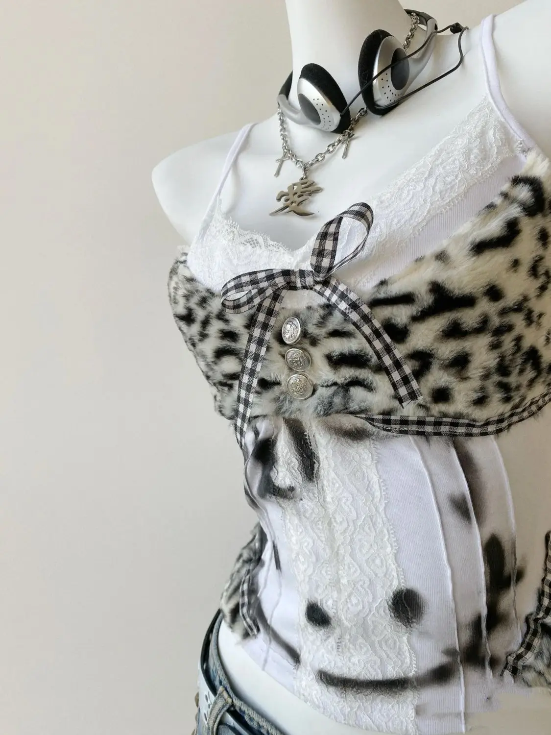 Women Leopard Patchwork Tank Top Lace Trim Sleeveless Camisole with Bow Detail Grunge Aesthetic Sexy Streetwear Vest 2025