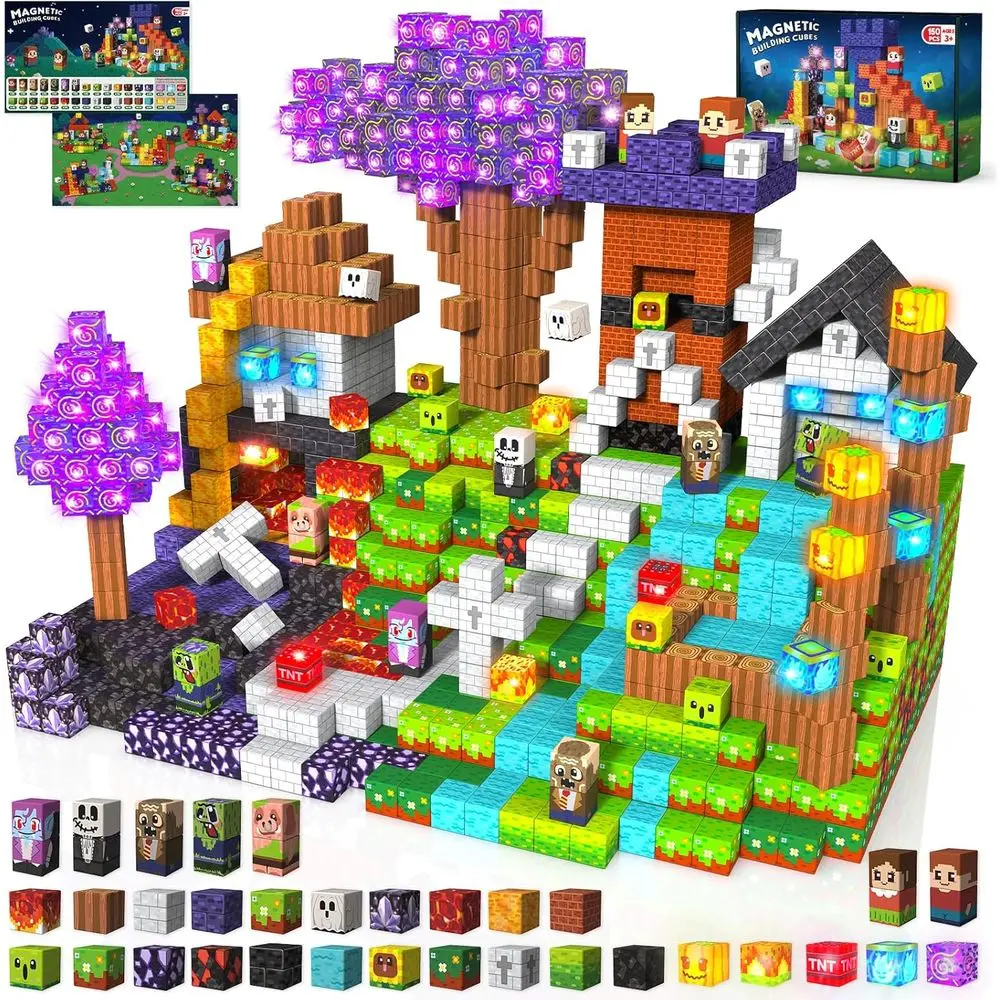 Juego de bloques de construcción magnéticos con luz, 150 piezas de juguetes STEM para niños de 3 años, cubos inspirados en Montessori para juegos creativos
