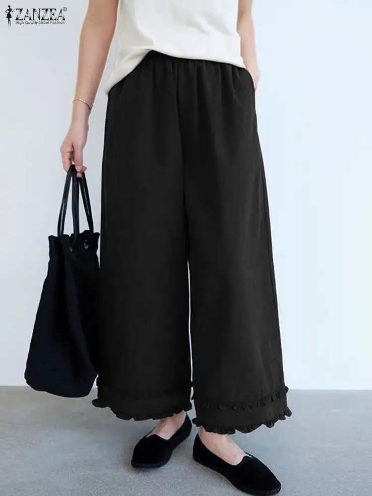 ZANZEA moda pantalones de cintura elástica pantalones largos de mujer 2025 otoño con volantes Casual sólido pantalones de pierna ancha ropa de calle pantalones de trabajo