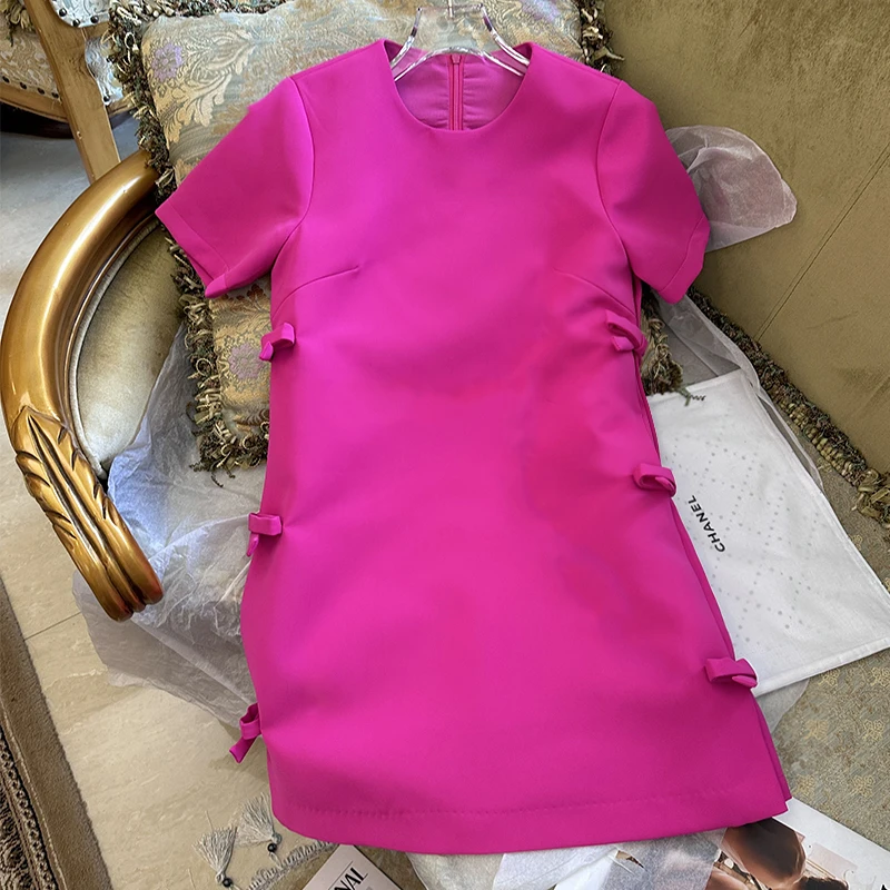 French Sweet Side Bow Sweet Elegant Slim Rose Pink Short Sleeve Dress 2023 Early Spring Brand Runway New Dresses