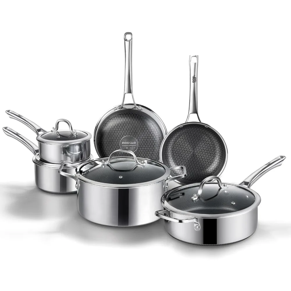 Pots And Pans Set Non Stick, 10 Pcs Hybrid Stainless Steel Cookware Sets, Non Stick Frying Pans, Saucepans, Saute Pan & Stock Po