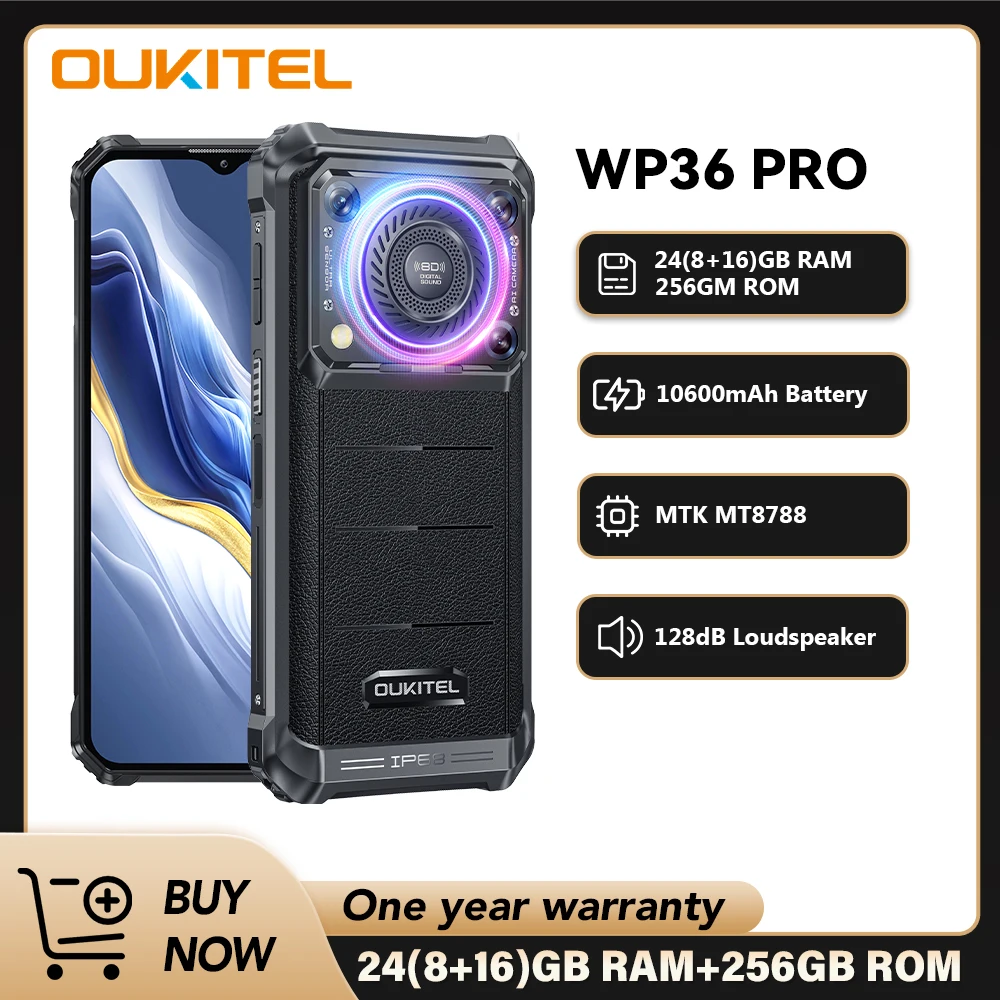 Oukitel-Smartphone WP36 PRO, téléphone robuste, Android, haut-parleur 126dB, batterie 10600mAh, jusqu'à 24 Go + 256 Go, écran HD + de 6.52 pouces