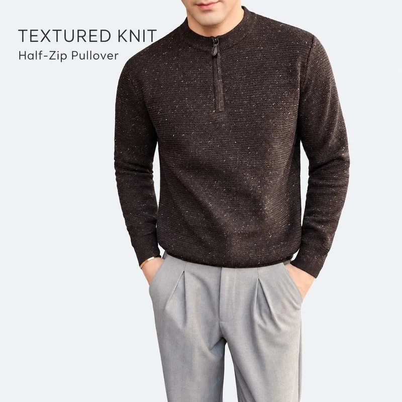Mens Textured Knit Half Zip Sweater Long Sleeve Round Neck Regular Fit Pullover Ribbed Cuffs for Autumn Winter Casual Outfits