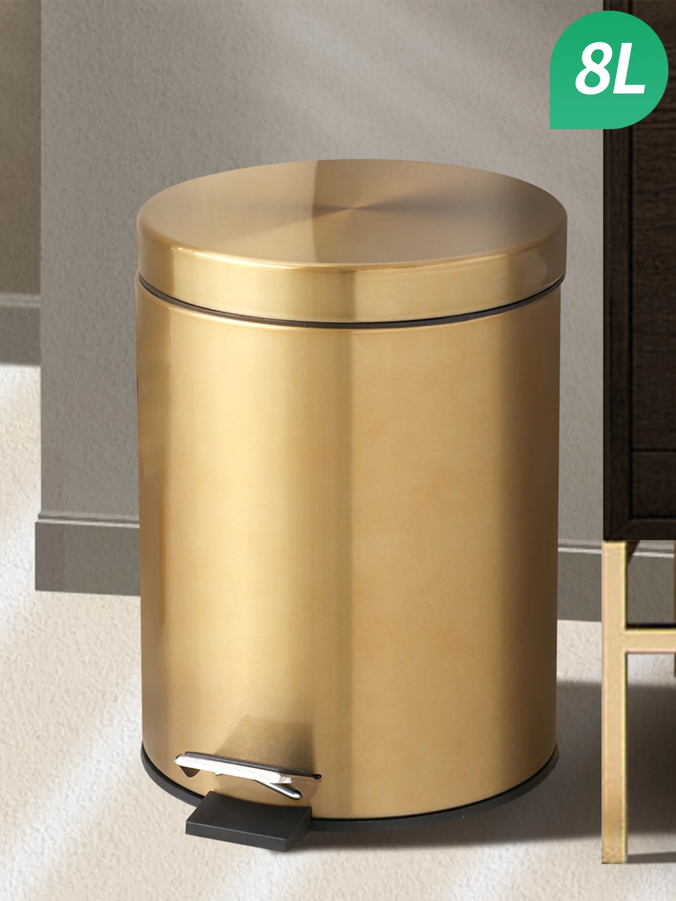 Modern 8L Stainless Steel Champagne Silent Hotel Bathroom Dust Bin and Kitchen Household Metal Waterproof Garbage Can Gold Foot