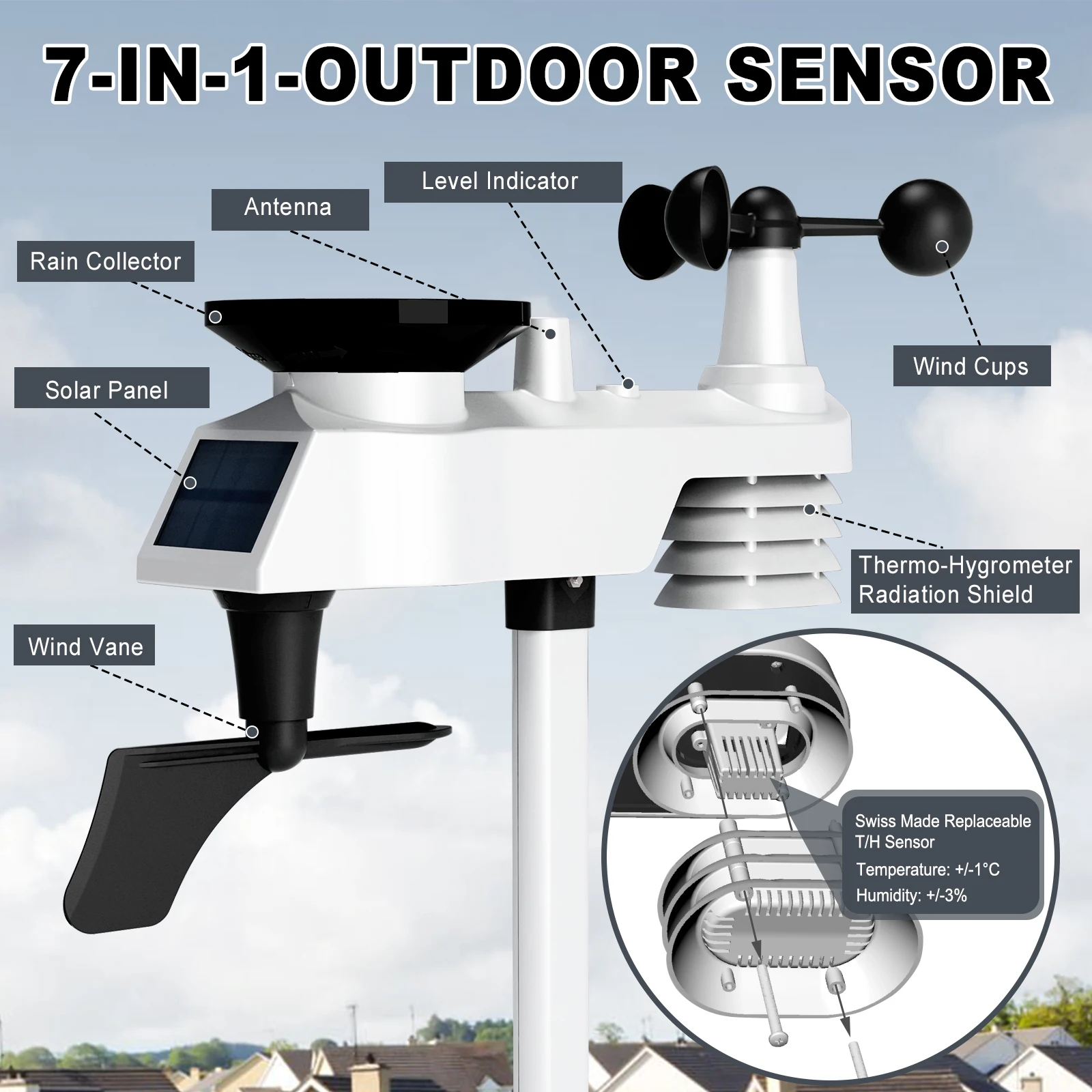 محطة الطقس اللاسلكية 7 في 1 شاشة ملونة عالية الدقة مقياس حرارة داخلي/خارجي مقياس الرطوبة مقياس الرياح والمطر للمنزل