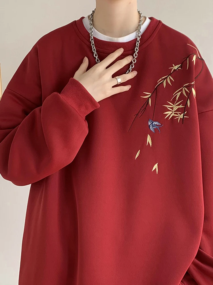 

Мужская толстовка с красным ветром, круглый, весенне-осенний, тяжелый, свободный крой, с вышивкой, повседневный, удобный, молодежный тренд