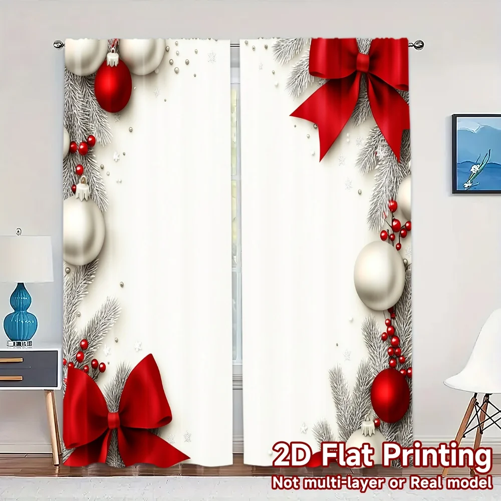 2pcs,Curtains Christmas Baubles Pine Branches Red Bows Popular Curtains Semi-Sheer Curtains Home Decor Suitable for Bedroom &