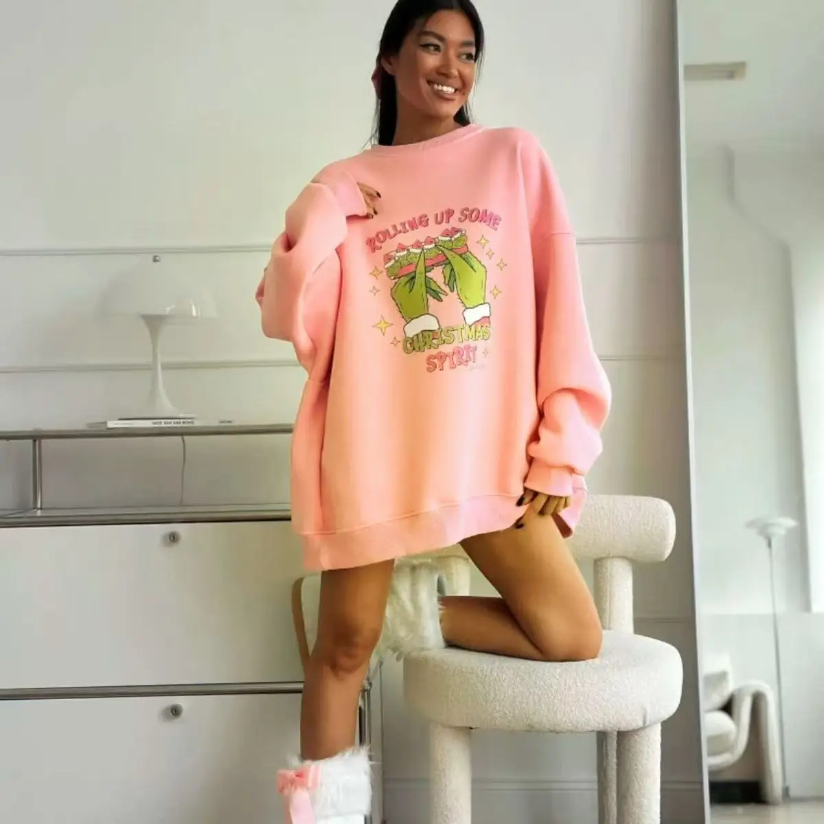 Kerst Russisch Plezier Handafdruk Oversized Sweatshirt Dames Dunne Herfst 2025, Hoodies O Hals Lange Mouw Losse Europese Mode