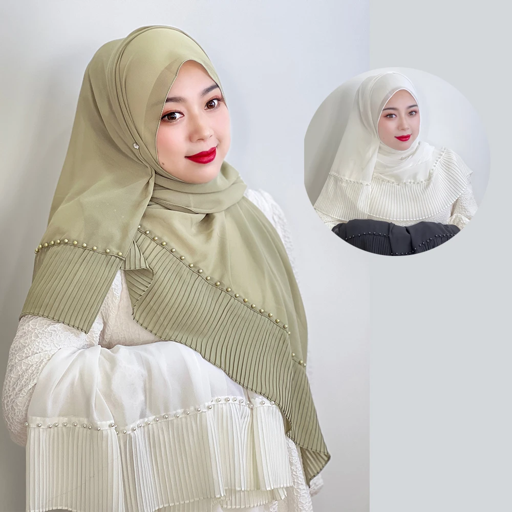 

Muslim Pleated Turban Ladies 10-Color Shawl Chiffon Robe Dress Solid Color Beaded Yarn Scarf Arab Islamic Clothing Hijab 71*180