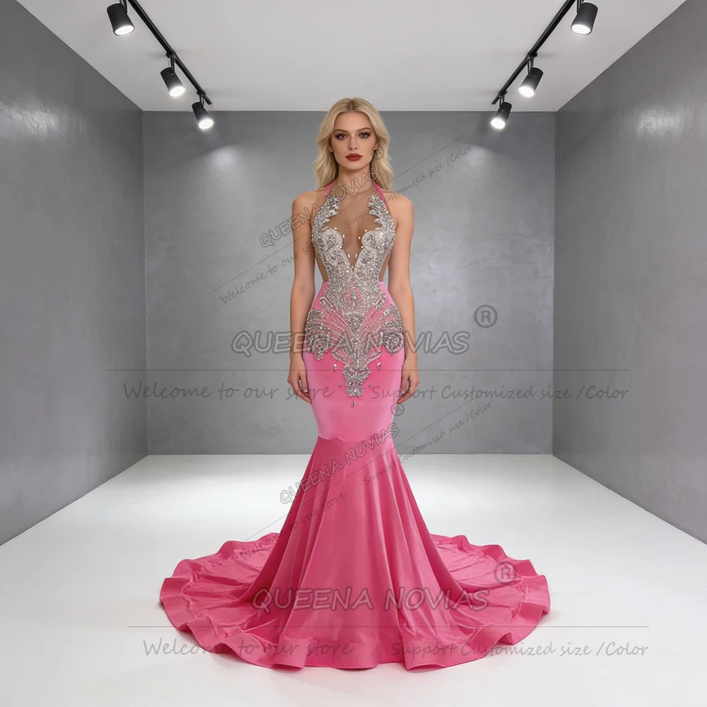 

Luxury Beaded Crystals Velvet Mermaid Prom Dresses For Bride O Neck Backless Evening Party Gown Attire Customized Robe De Mariee