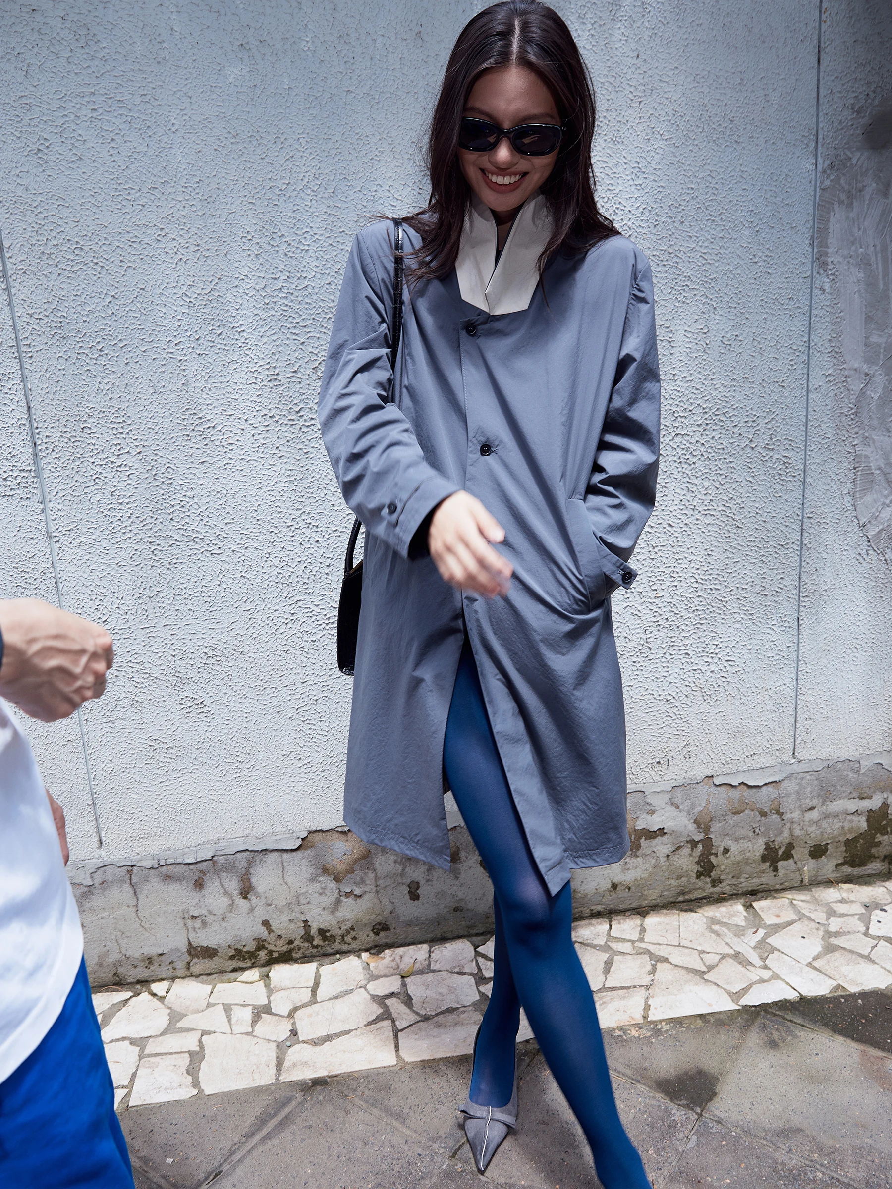 SHKUCO Tori Mohair Vintage Loose Stand Collar Mid-Length Coat Outerwear Polyester Cotton Blend Long Sleeve Single Button Closure