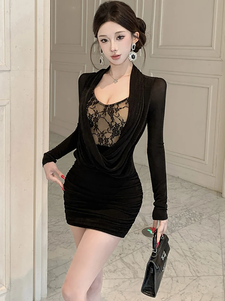 

Women Korean Vintage Bodycon Short Dress Spring Autumn Black Patchwork Lace Sheer Sexy Dress 2026 Vintage Elegant Female Dresses