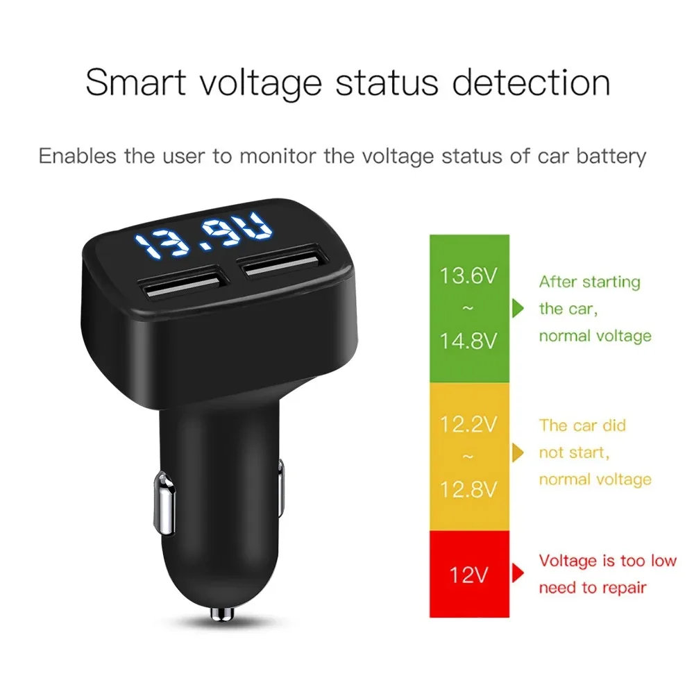 4 In 1 Car Charger Quick Charge 3.1A Dual Usb LCD Display With Temperature/voltage/current Meter Tester Adapter Digital Display