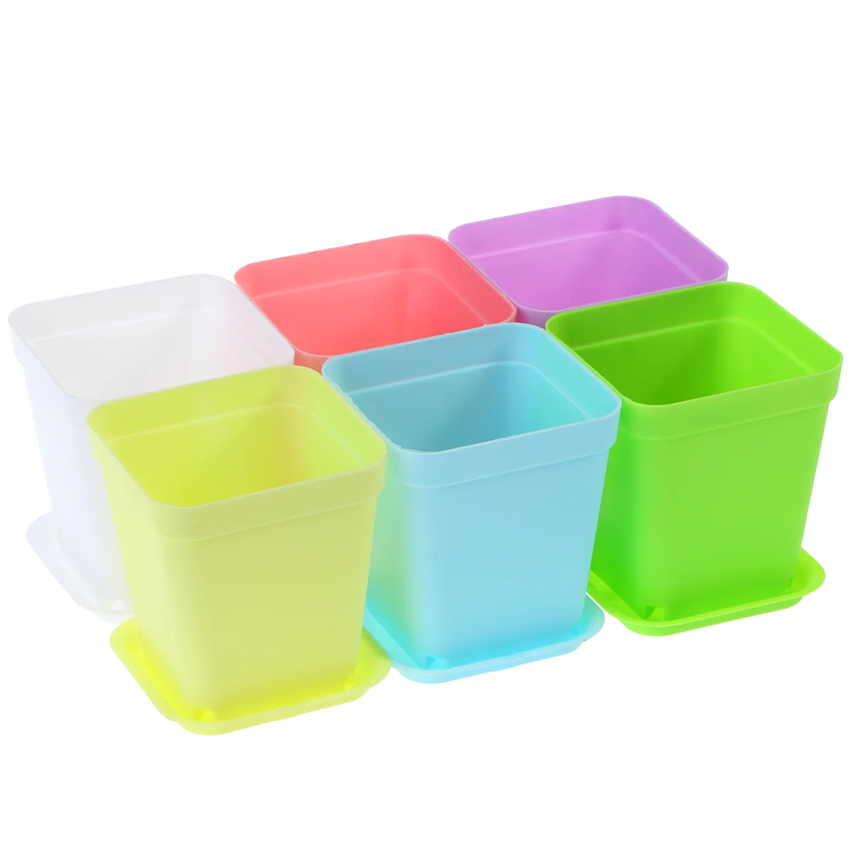 12pcs Plastic Plant Pots 7*7cm Square Flower Pot with Saucers for Planting (White & Pink & Blue & & Green)