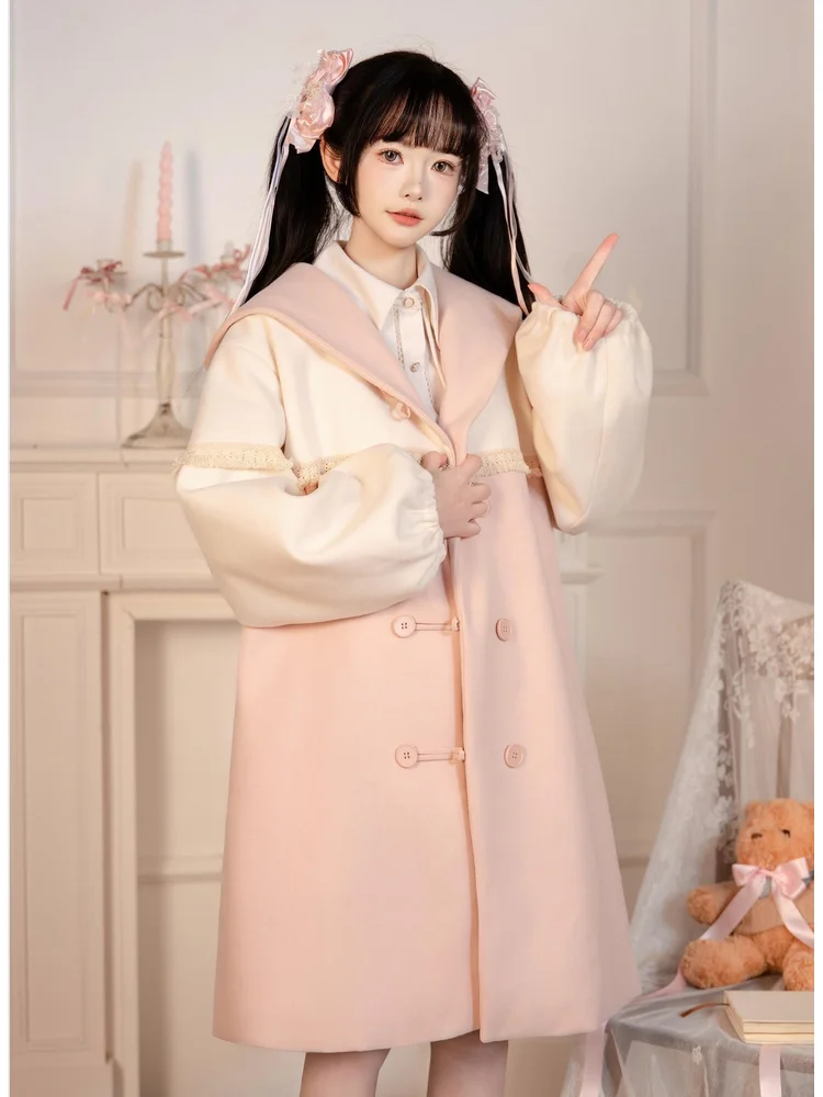 Lolita Elegant Original Sweet Girl Woolen Coat Medium Long College Style Pink Coat Gentle Sweet Student Coat