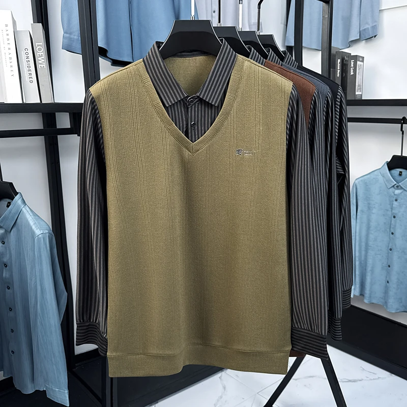 جودة فاخرة للرجال وهمية قطعتين الخريف رائعة إلكتروني طباعة طويلة الأكمام تي شيرت الأعمال الكلاسيكية موضة ملابس رجالية غير رسمية #2