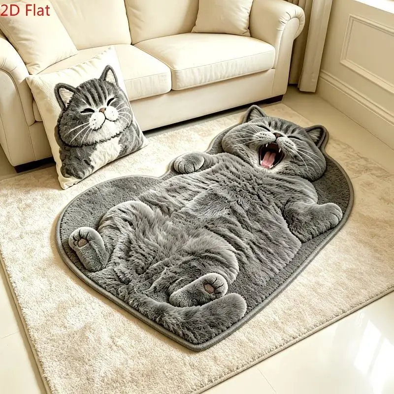VIKAMA Cozy Cat Shape Rug 2D Flat Gray Cat Design Plush Small Area Carpet Living Room Bedroom Non Slip Washable Home Decor