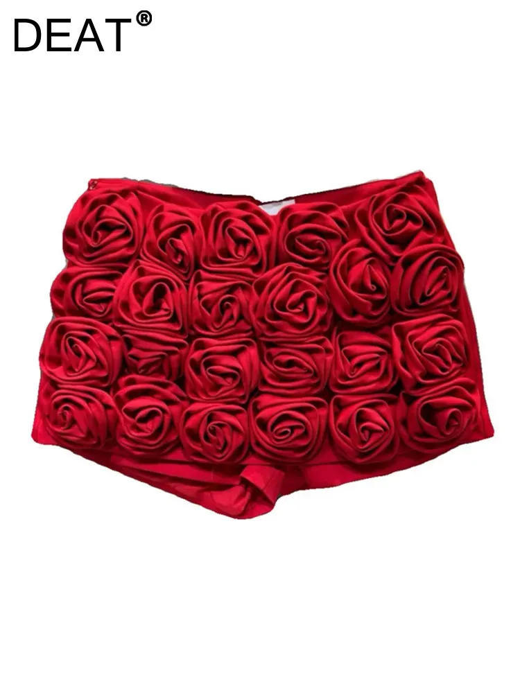 DEAT Women's Skirts 3D Rose Pink Red Black Flowers Slim High Waist Wrap Hip Female Mini Skirts 2025 Spring New Fashion 11XX8807