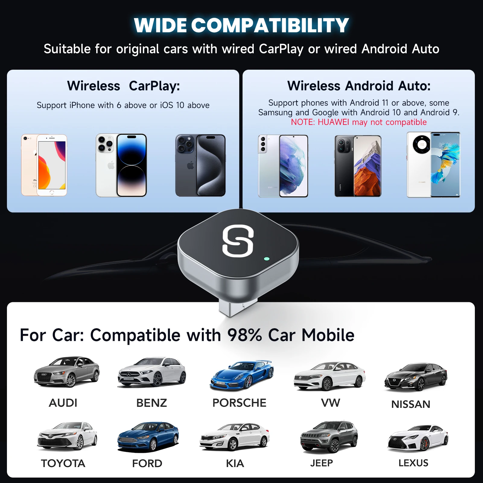 2 in 1 Wireless CarPlay Adapter Plug & Plug Auto Connect No Delay Converts Wired to Wireless Compatible for iPhone & Android