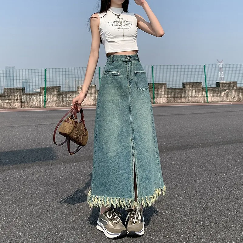 Vintage Blue High Waist Denim Skirt Women\'s Front Split Fur Fringe A-line Slim Long Skirt