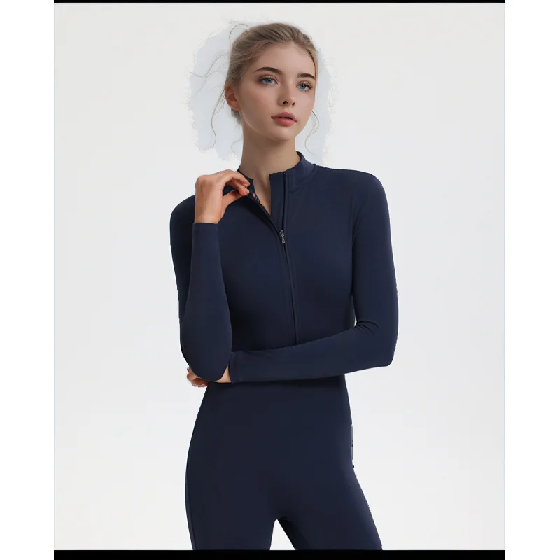 

European American Style Zipper Long Sleeve Long Pants One-Piece Slim Fit Women Hip Lift Exercise Fitness Yoga Wear Sportswear