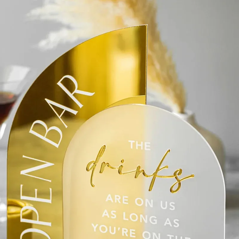 Open Bar Arched Wedding Sign, Open Bar Acrylic Sign, Wedding Table Decor, Gold Mirror Wedding Bar Sign Gold Acrylic Drinks Signs - Image 2
