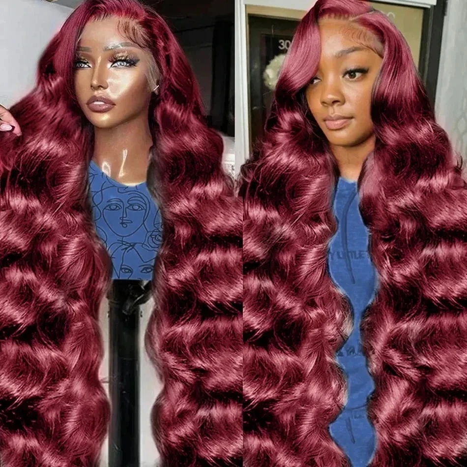 220% kepadatan tubuh gelombang merah Burgundy 13x4 HD renda depan rambut manusia Wig berwarna 99J renda Wig Frontal rambut manusia rambut Brazilian