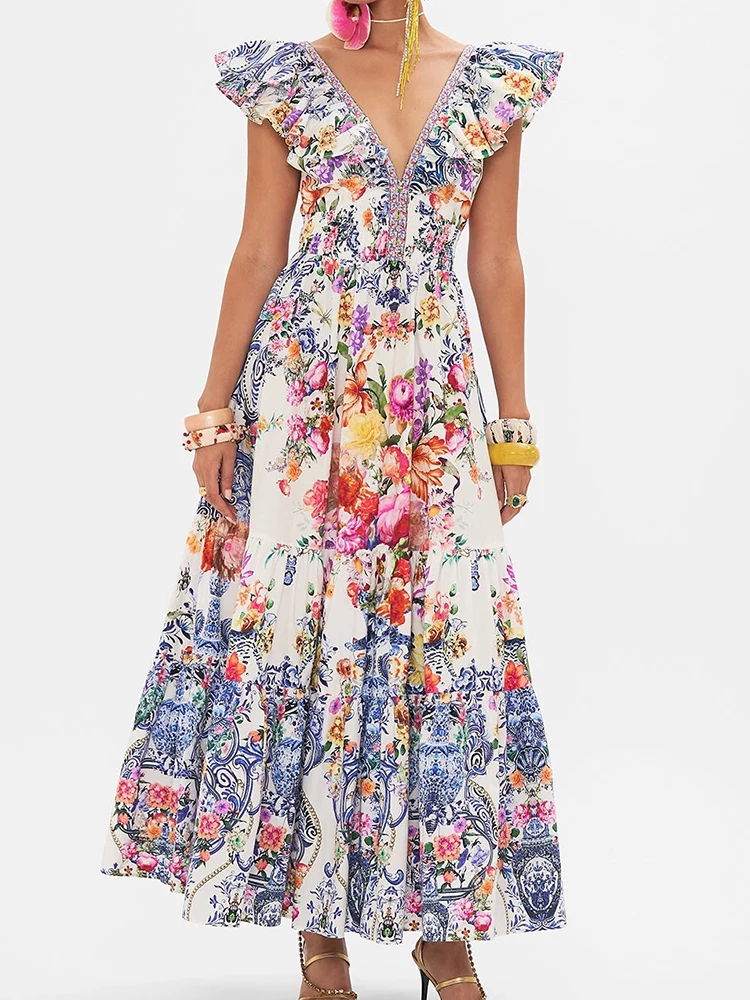 Luxurious temperament printing deep V-neck design sense long skirt high waist big beach holiday style fashion sexy dress