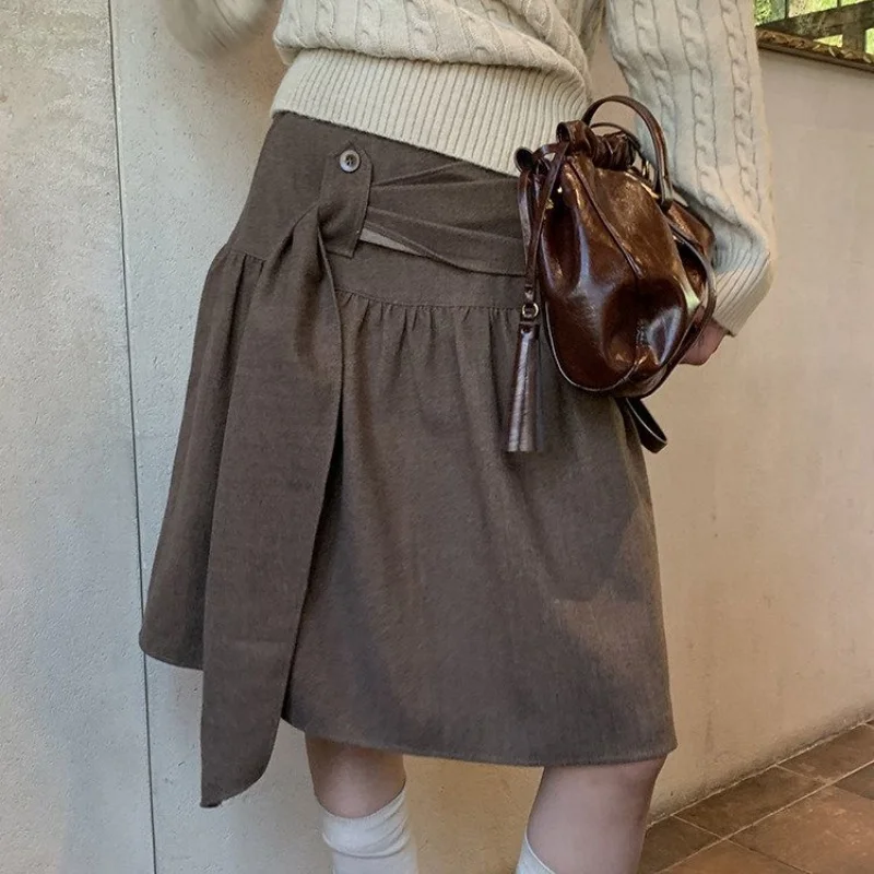New Spring Fashion Skirt Women High Waist Solid Color Versatile Casual A-Line Mini Skirts Office Lady Elegant Jupe With Belt