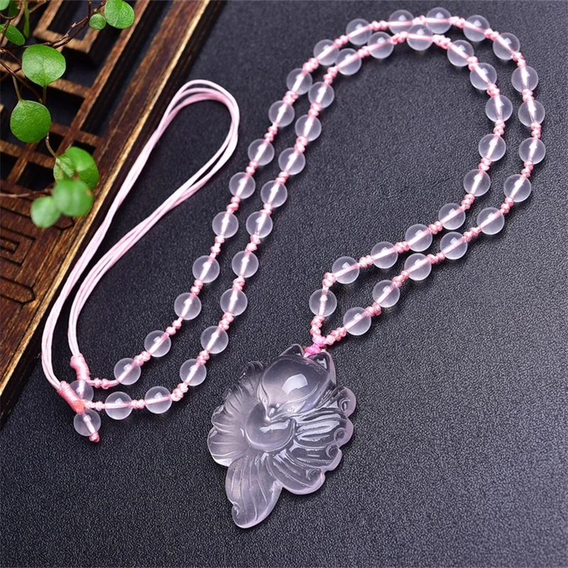 Natural Rose Quartz Nine-tail Fox Pendant Gemstone Carving Reiki Fashion Healing Crystal Stone DIY Accessories 43x31x12mm