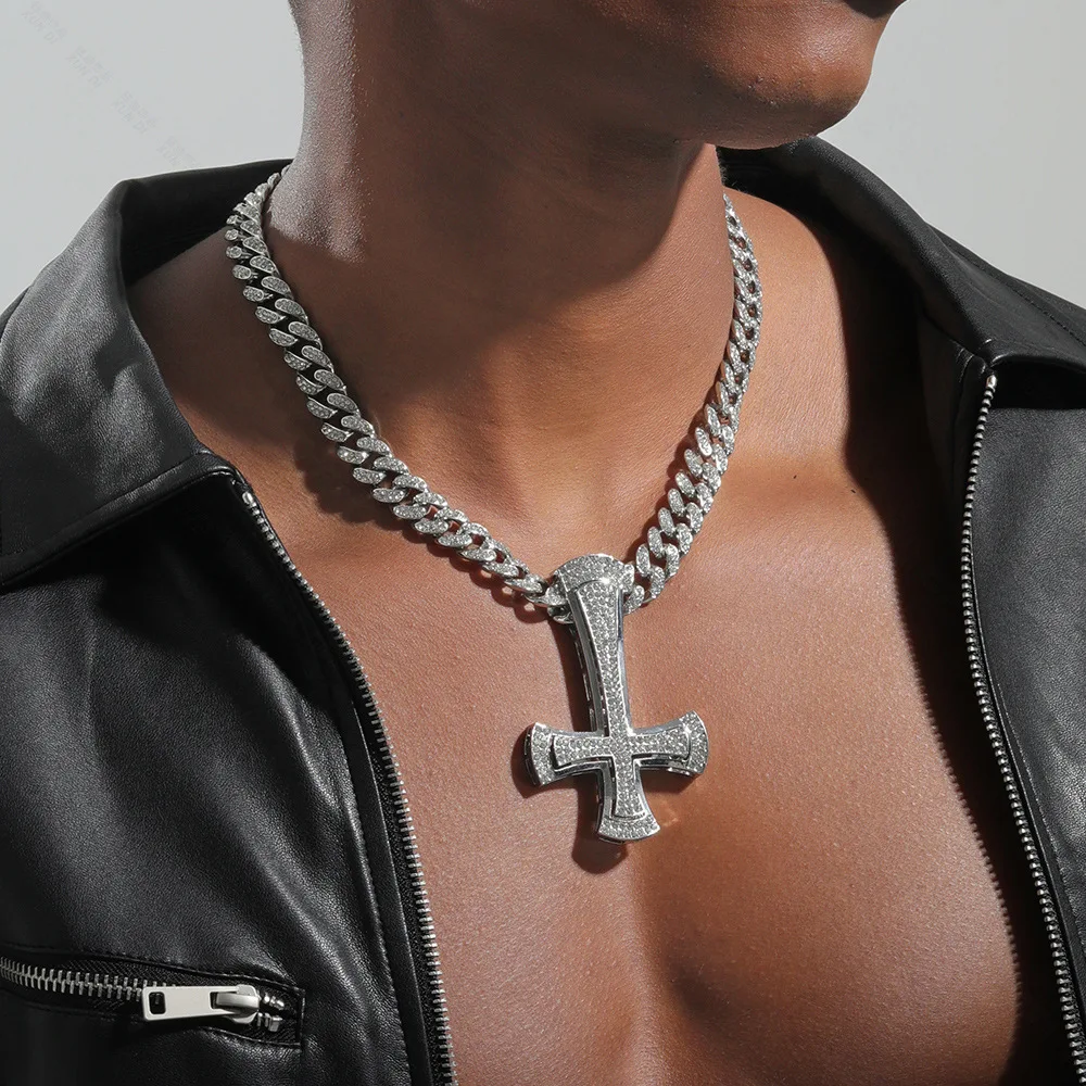ULJ Hip Hop AAA Reinstones Inverted Cross Pendant Rock Nightclub Men\'s Fashion Iced Out Necklace Jewelry