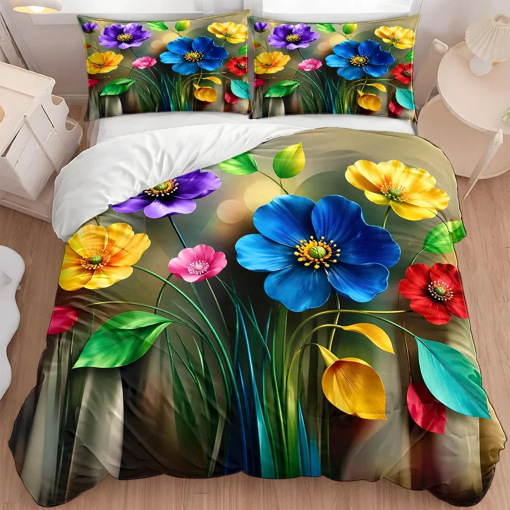 3Pc E-Commerce Vibrant Colorful Floral Print Duvet Cover Set (1*Duvet Cover + 2*Pillowcases), Three-Piece Bedding Set Suitable for All Seasons, Machine Washable, Invisible Zipper Large Duvet Cover Set for Double Bed, Suitable for Home, Dormitory, Master Bedroom, Guest Room, Bedding Set with Fresh Plant Pattern, Soft and Skin-Friendly, Special for Bedroom Bedding Set Decoration, 2D Flat Bedspread