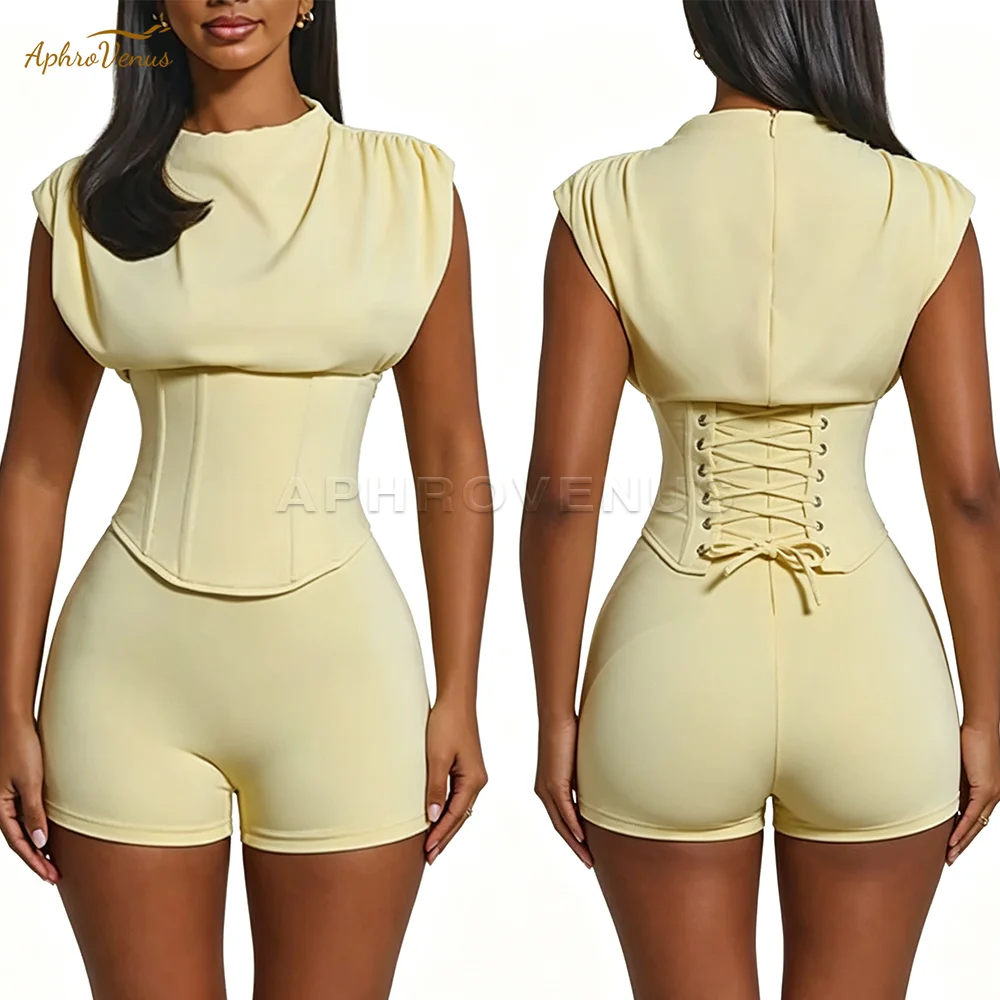 

Women Separable 2 Piece Outfit Detachable Waist Trainer Corset Top High Waist Shorts Back Lace‑Up Sleeveless Matching Short Set