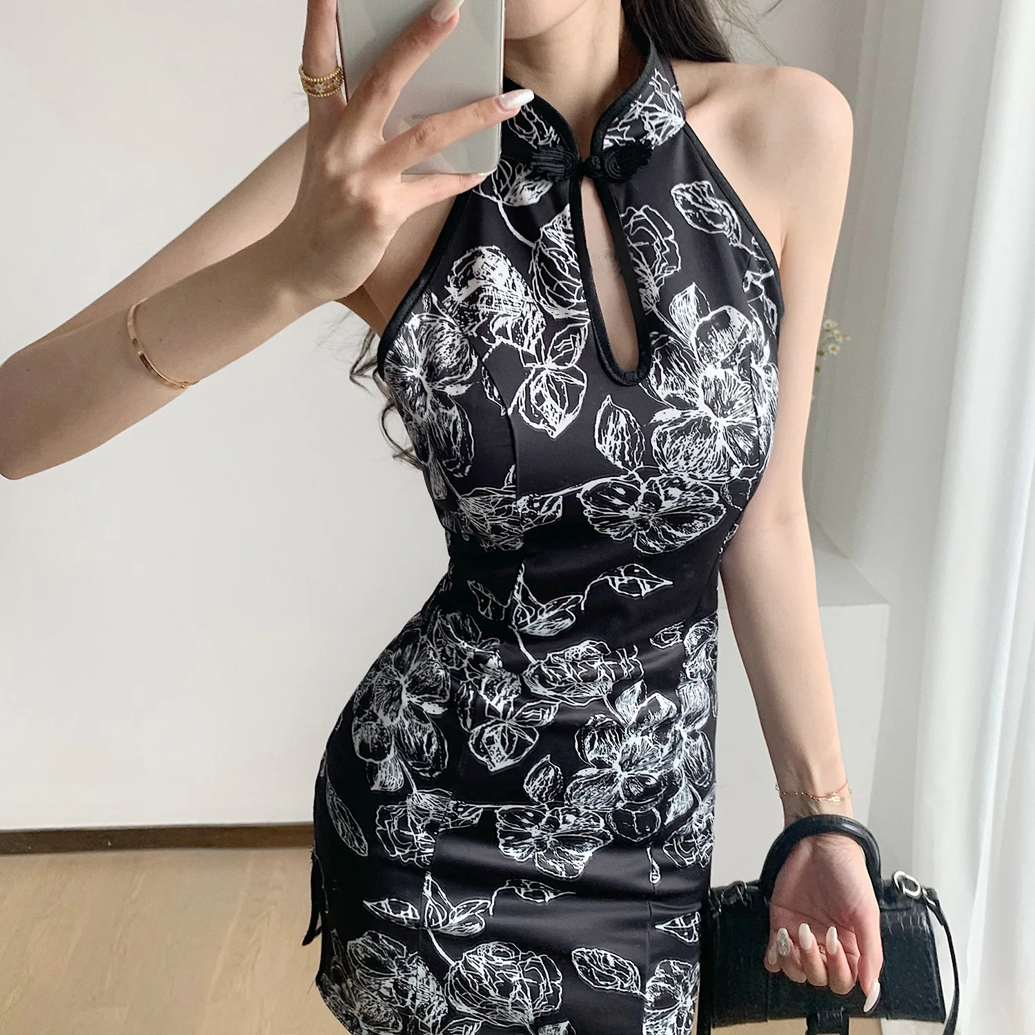 

Black Gentleness Cheongsam Women Sleeveless Sexy Backless Dress Chinese Traditional Improved Vintage Elegant Qipao S To L