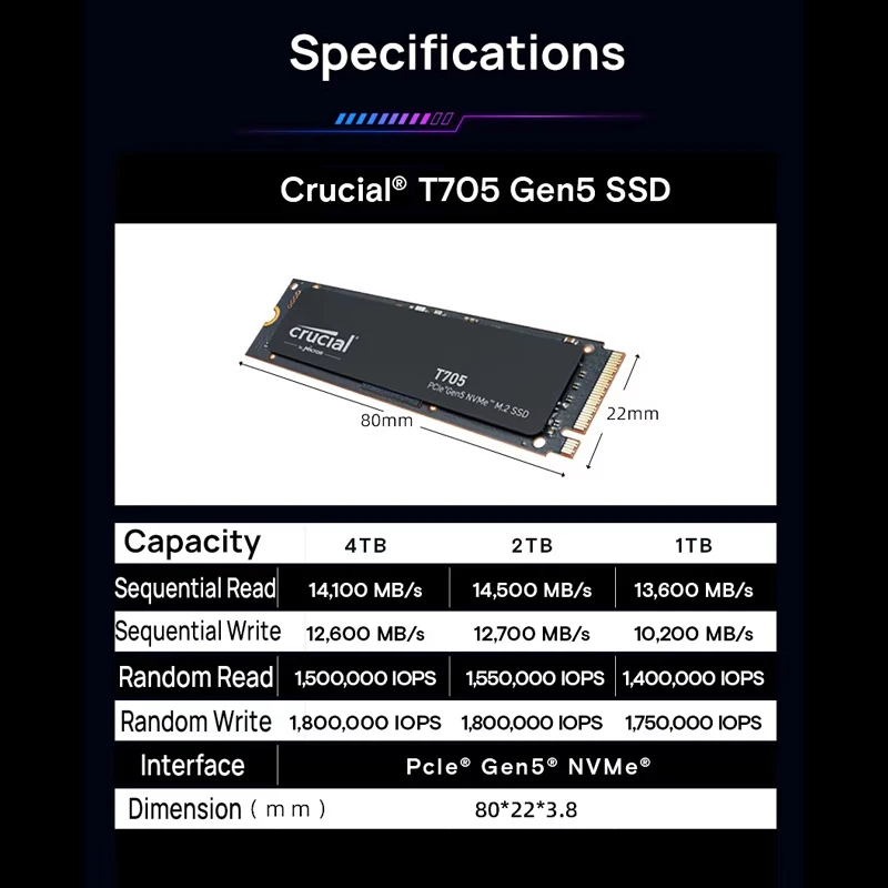 Crucial T705 with Heatsink 1TB 2TB 4T 2280 PCIe 5.0 Up to 14500MB/s NVMe M.2 Internal SSD Solid State Drive For Hi-end Desktop