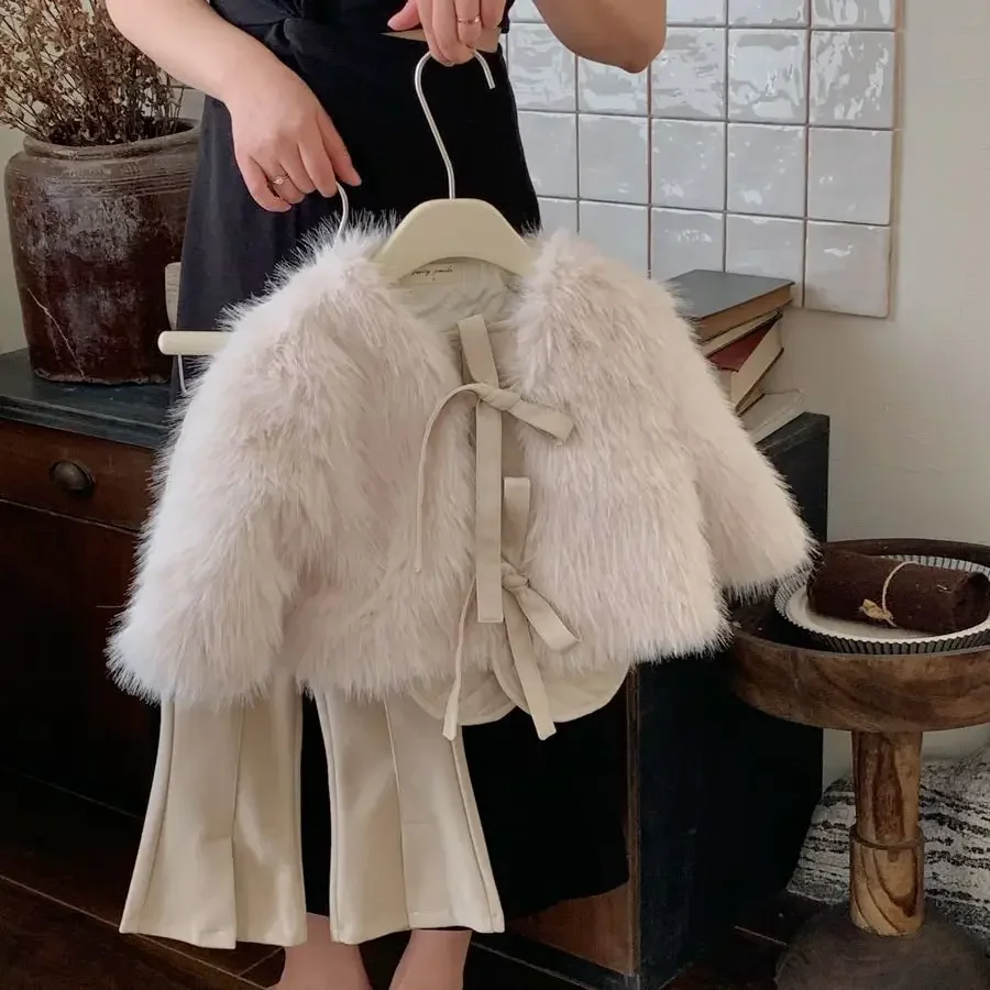 

Детская одежда, детское пальто для девочек, осенняя одежда 2023, Детский пушистый топ в западном стиле на шнуровке