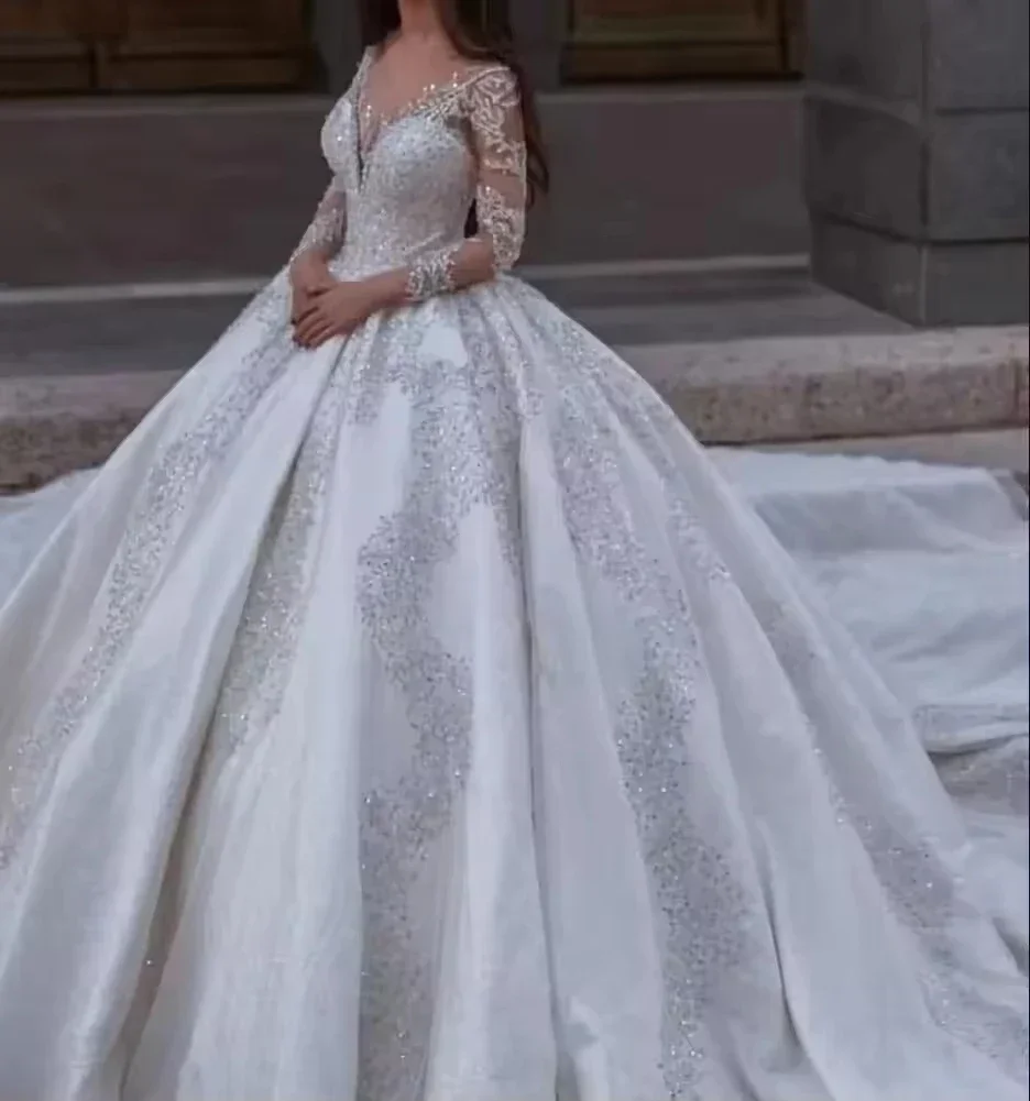 

Индивидуальное свадебное платье-бальное платье принцессы с вышивкой из блестящих пайеток и бисера, с длинными рукавами