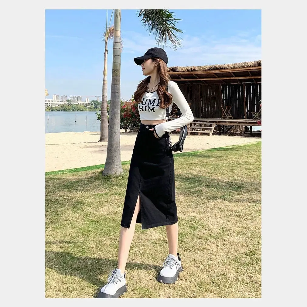 High Waist Slimming Black Denim Asymmetrical Midi Skirt Women's Straight Leg Half-length Skirts Elegant Lady Style 2026 Summe...