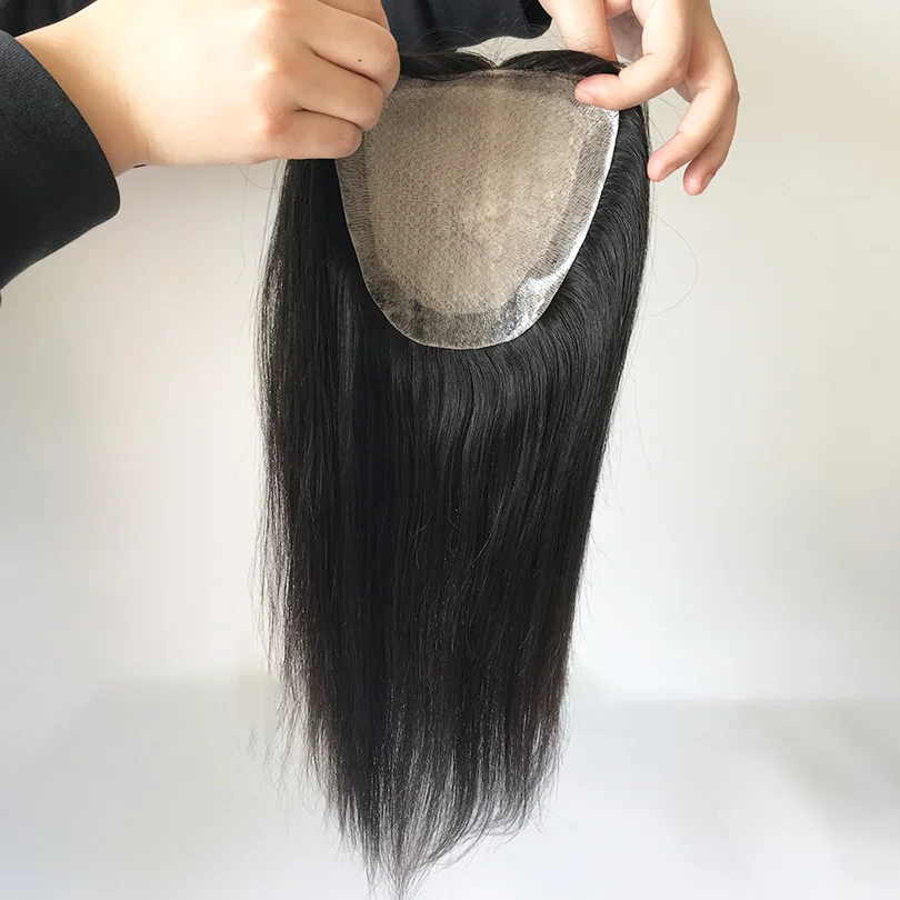 15x16cm Silk Skin Base Toupee With 2 CM PU Around  European Virgin Human Hair Toupee with Clips for Women 12x13CM