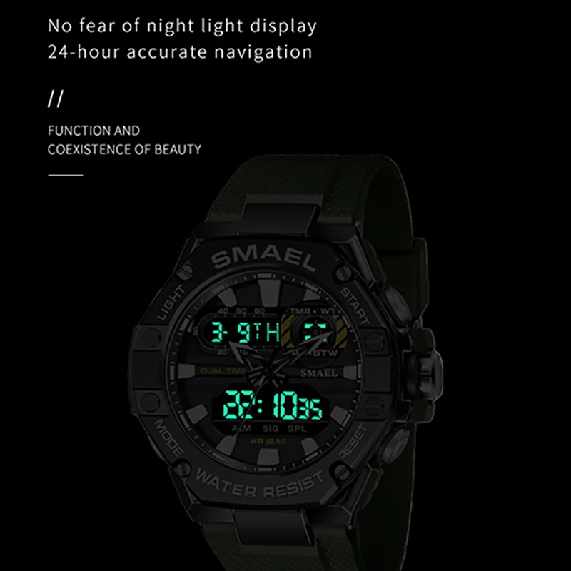 SMAEL-relógio esportivo masculino, relógio de pulso dual time, luz led, alarme fashion, escudo militar, 8066