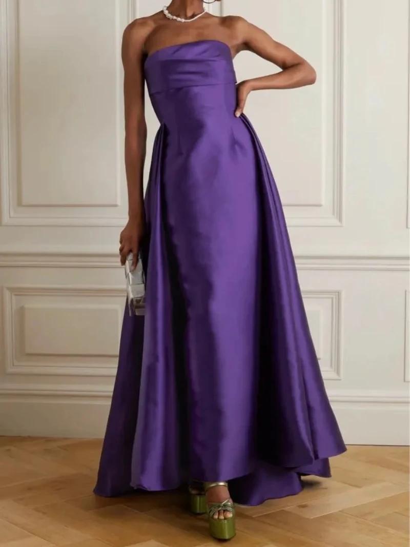 Customized Customized Elegant Purple Saudi Arabia Prom Evening Dresses Tube Top Solid Color Formal Dresses Women With Trailing V