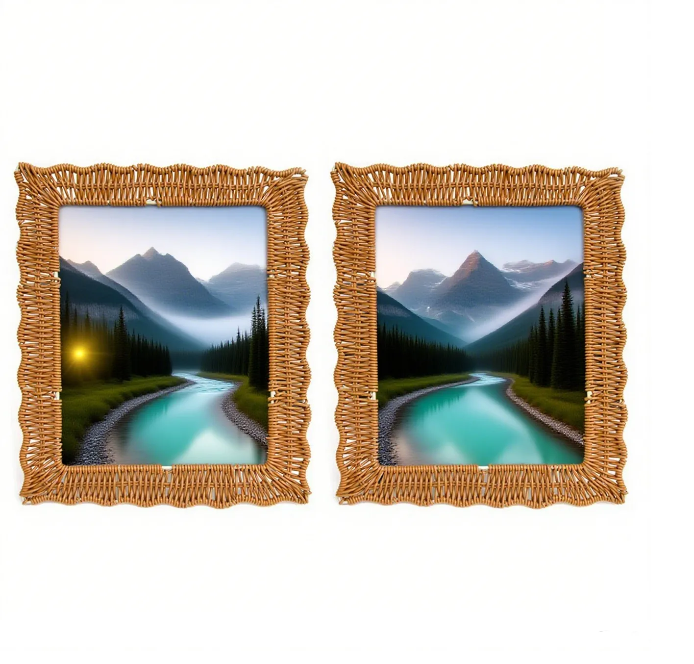 Handcrafted Boho Rattan Photo Frames Set of 2 for Rustic and Farmhouse Style Home Decoration with Dual Orientation Design